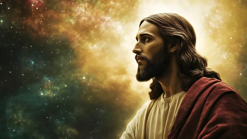 Digital portrait of robed male figure before luminous nebula