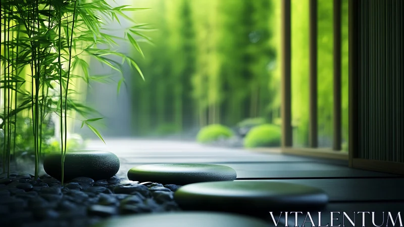 Tranquil bamboo garden path with smooth zen stepping stones.