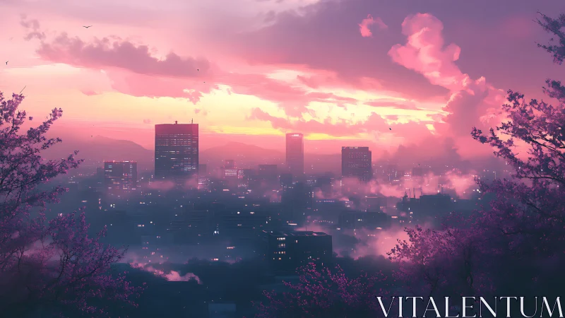 Neon dusk skyline framed by misty cherry blossoms.