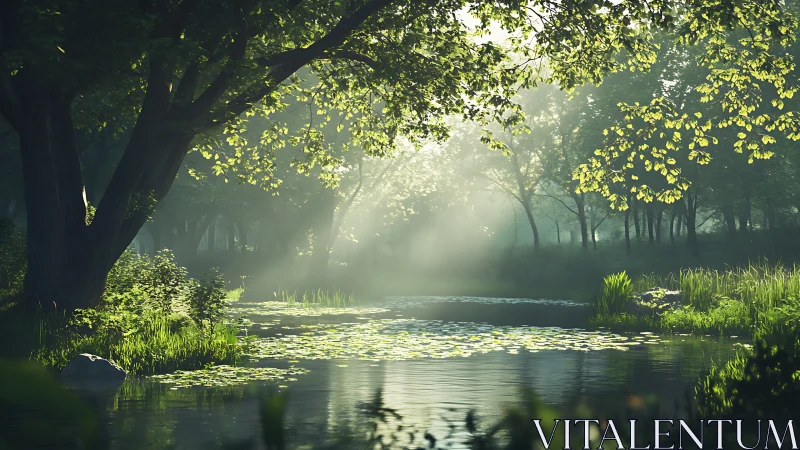 Volumetric morning light across lily-covered forest pond.