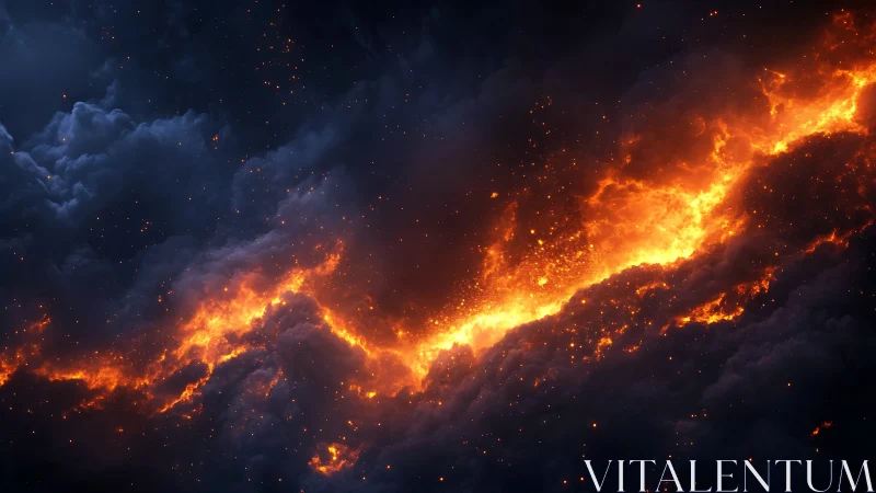 Cosmic Fire Cloud Eruption Against Starfield