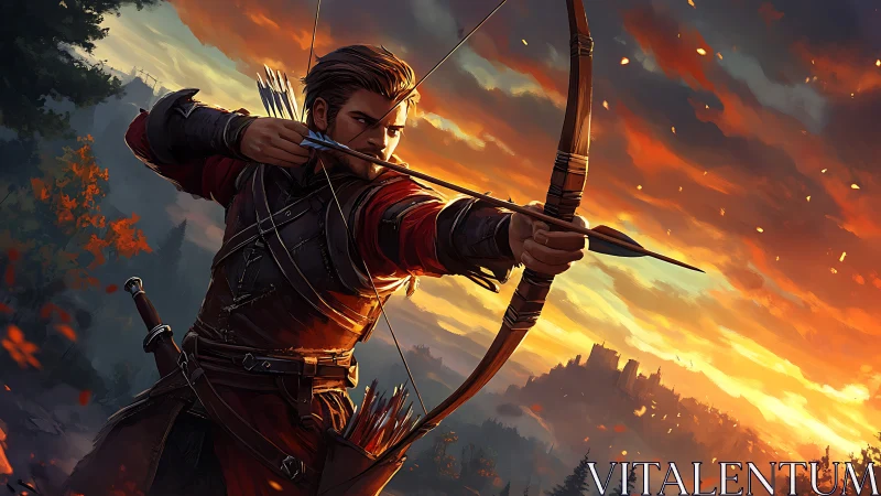 Archer drawing bow against a cinematic fantasy sunset sky