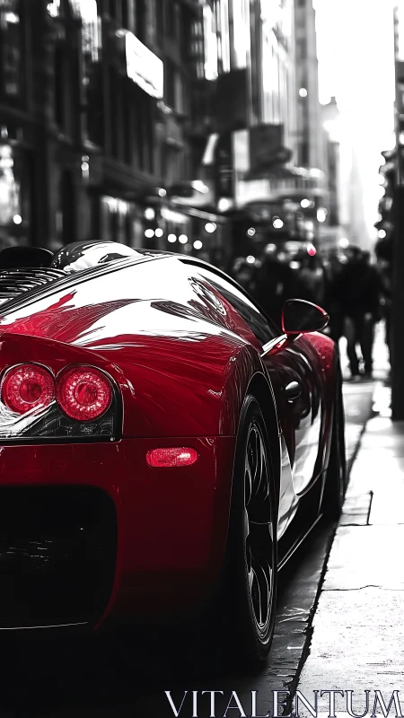 Crimson supercar ignites a monochrome city street dreamscape.