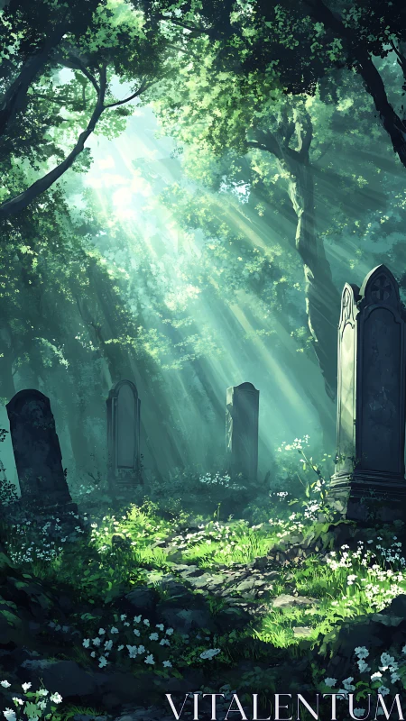 Backlit forest graveyard illuminated by volumetric light rays