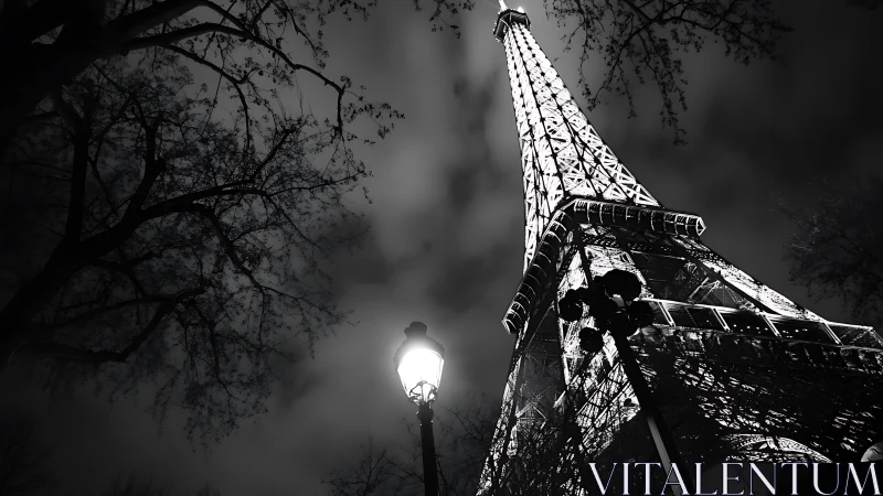 Eiffel Tower rises in dramatic monochrome Paris night sky