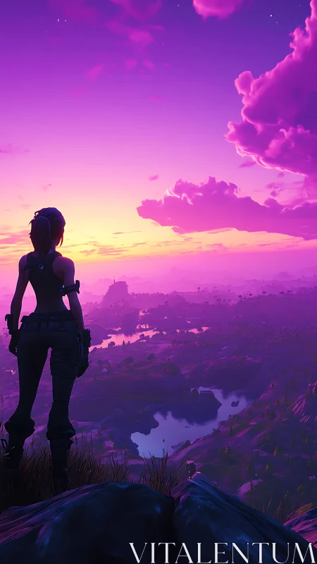 Digital painting sunset vista with silhouetted lone explorer.