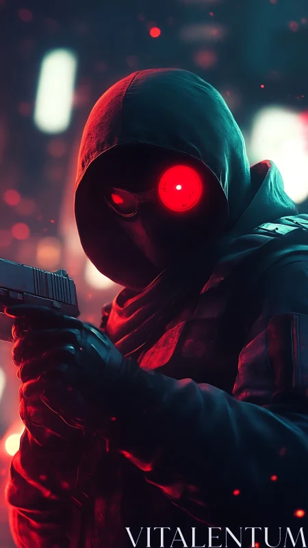 Cyberpunk hooded gunman with glowing red visor stands ready.
