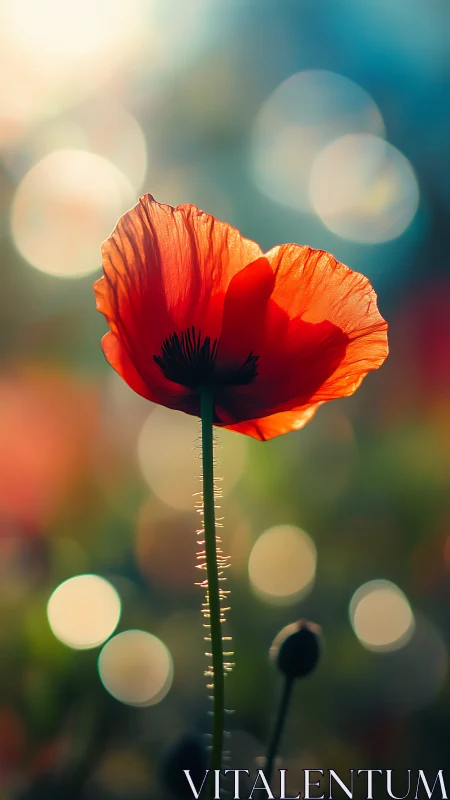 Sunlit poppy glowing softly against dreamy garden bokeh.
