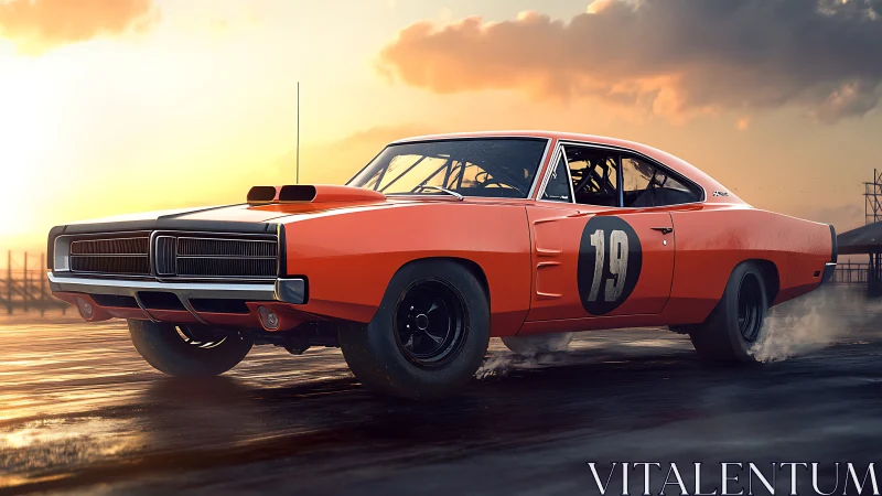 Vintage orange muscle car drifting on wet asphalt track.