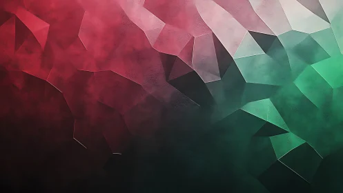 Prismatic fog drifts across fractured crimson and teal glass