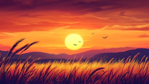 Glowing harvest meadow beneath radiant orange sunset sky.