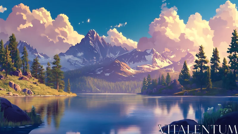 Sunlit alpine lake reflects distant snowcapped mountain range