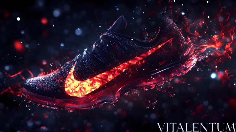 Futuristic Nike running shoe with fiery red energy effect, digital art.