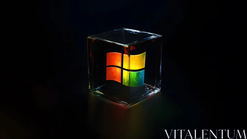 Windows Logo Encased in Glass Cube with Futuristic Digital Style.