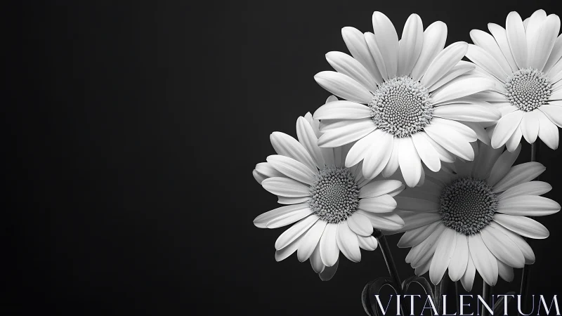 Monochrome gerbera daisies arranged in elegant black and white study.