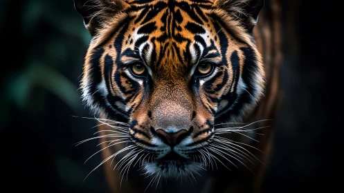 Macro frontal study of tiger facial patterning and gaze dynamics.