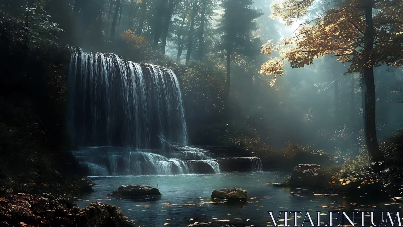 Volumetric-lit forest cascade over tiered rock basin.