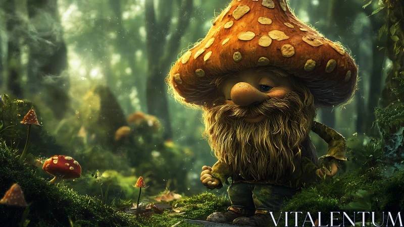 Mushroom-capped gnome stands in dense, softly lit forest