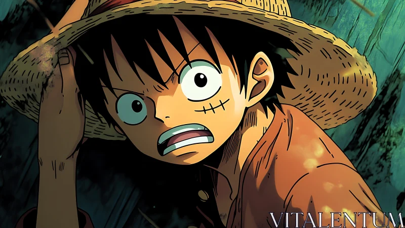Straw hat anime hero braces against a sudden storm