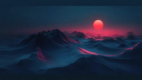 Neon sun illuminates undulating extraterrestrial mountain ranges