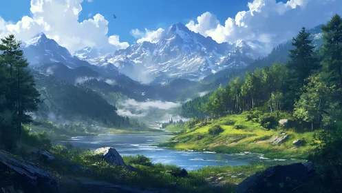 Sunlit alpine valley with reflective river and snow peaks.