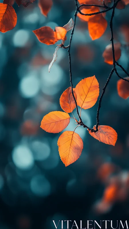 Orange autumn leaves hang sharply focused against teal bokeh