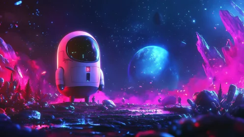 Rounded exploration pod surveys neon alien landscape at night