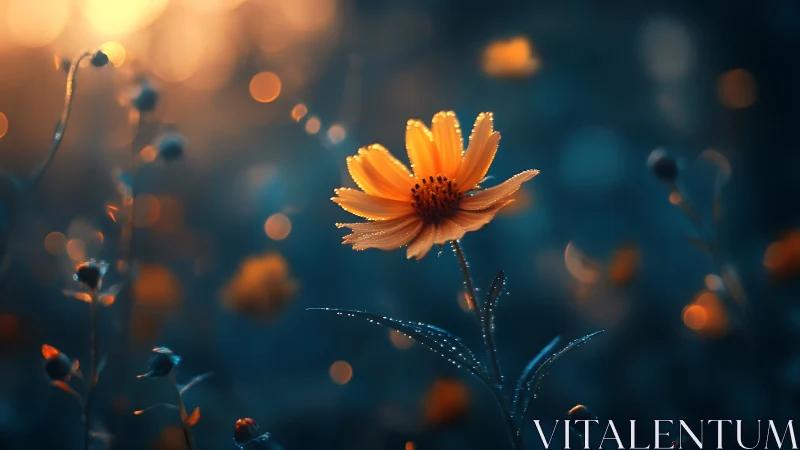 Golden Flower at Dusk with Dew Drops.
