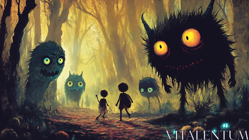 Children walk through forest corridor flanked by creatures