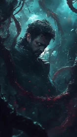 Cinematic cyber-dark portrait with bioluminescent crimson tendrils