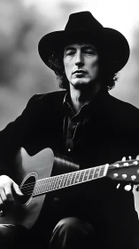 Monochrome portrait isolates guitarist with shallow depth of field