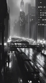 Noir night elevated trains under misty skyscraper canyons