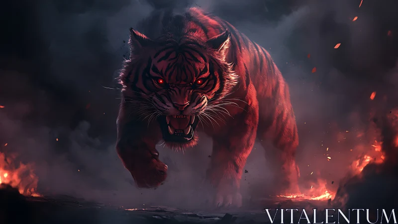 Infernal tiger charges through embers and swirling smoke.