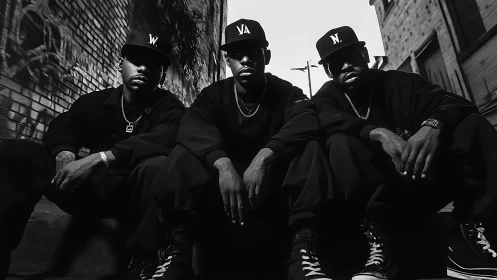 Hip hop trio in black streetwear on urban alley steps.