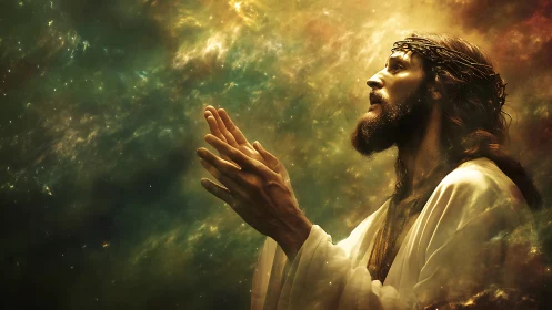 Devotional figure in glowing celestial atmosphere.