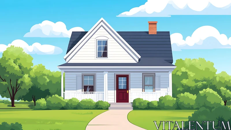 Suburban gabled cottage under vector-clear midlatitude sky.