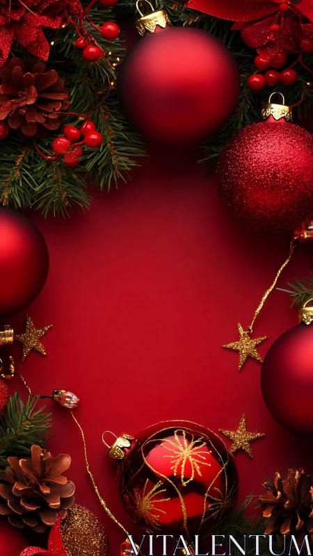 Red Christmas ornaments with pine and gold accents border.
