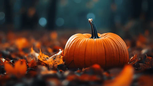 Autumn pumpkin resting on forest floor amid fallen leaves.
