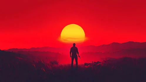 Silhouetted armed figure studies hyper-saturated red sunset horizon
