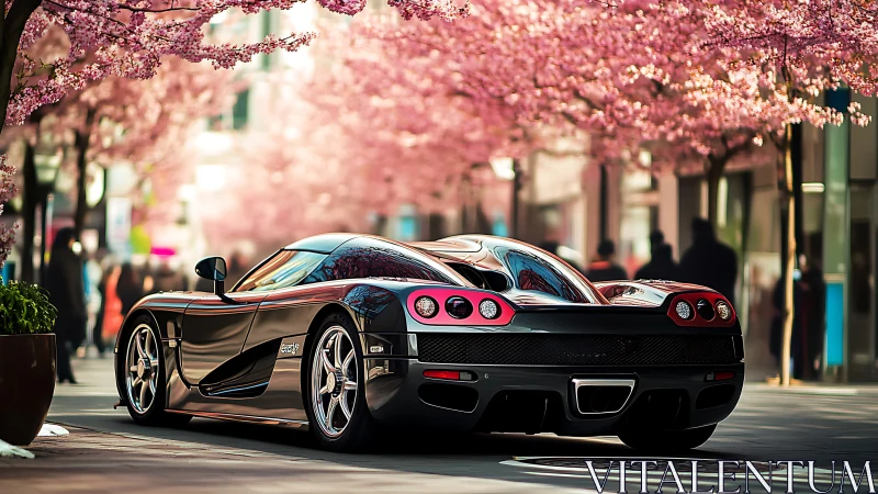 High-performance sports car is parked on urban cherry tree street