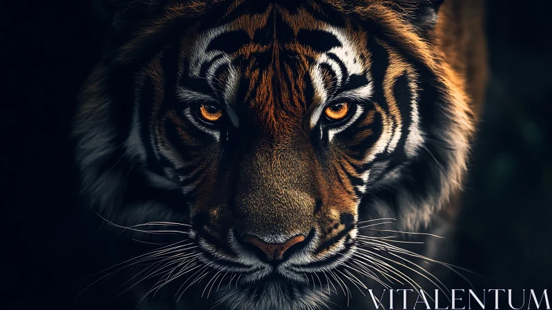 Golden-eyed tiger meets your gaze in quiet jungle shadows