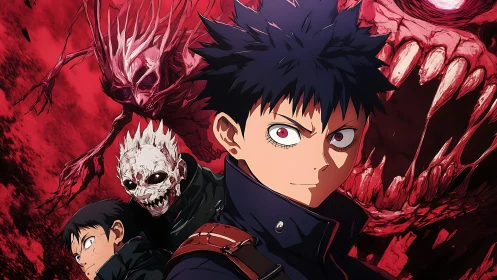 Fearless anime hero facing crimson nightmare creatures.