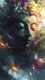 Gentle Buddha face glows softly amid swirling cosmic light
