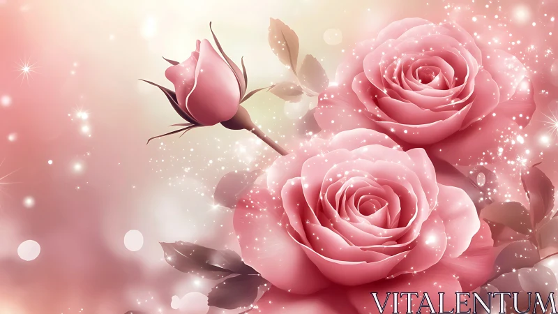 Luminous Pink Roses with Bokeh Sparkle Effect.