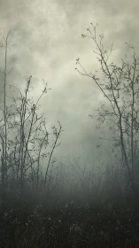 Foggy thicket silhouettes fade into a pale, haunted sky.