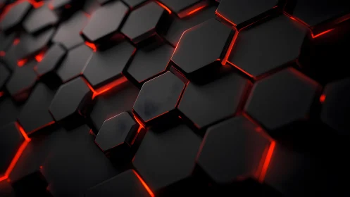 Futuristic black hexagonal pattern with glowing red highlights.