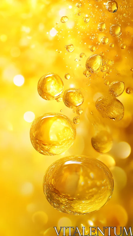 Macro view of golden liquid bubbles in bright background.