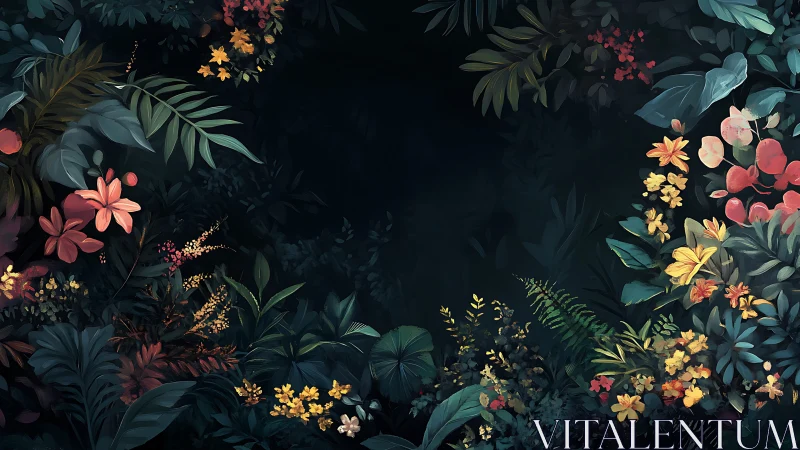 Dark background with layered floral and botanical illustration arrangement