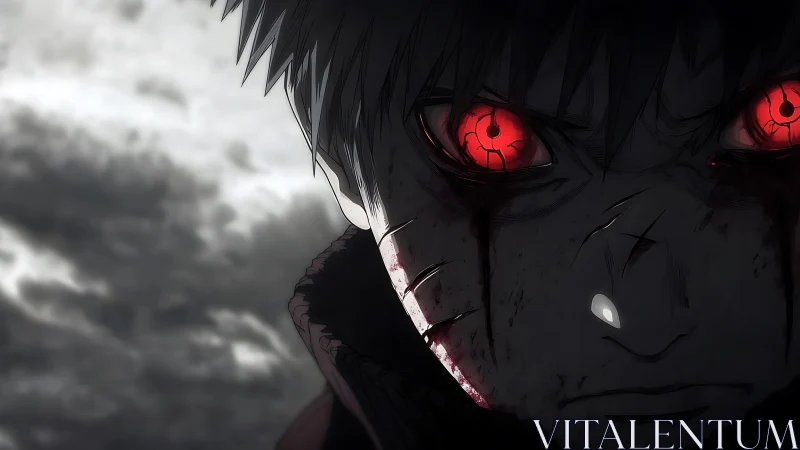 Close shot of injured anime character with glowing red eyes.