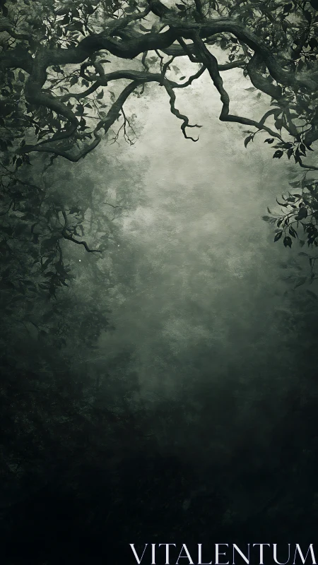 Dark forest canopy framing a misty empty clearing.